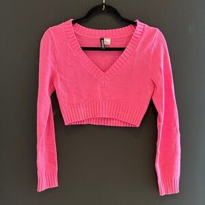 Pink V-Neck Cropped Sweater